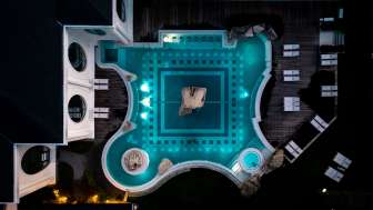 Outdoor pool at the Tamina Therme Outdoor pool of the Tamina Therme photographed from above